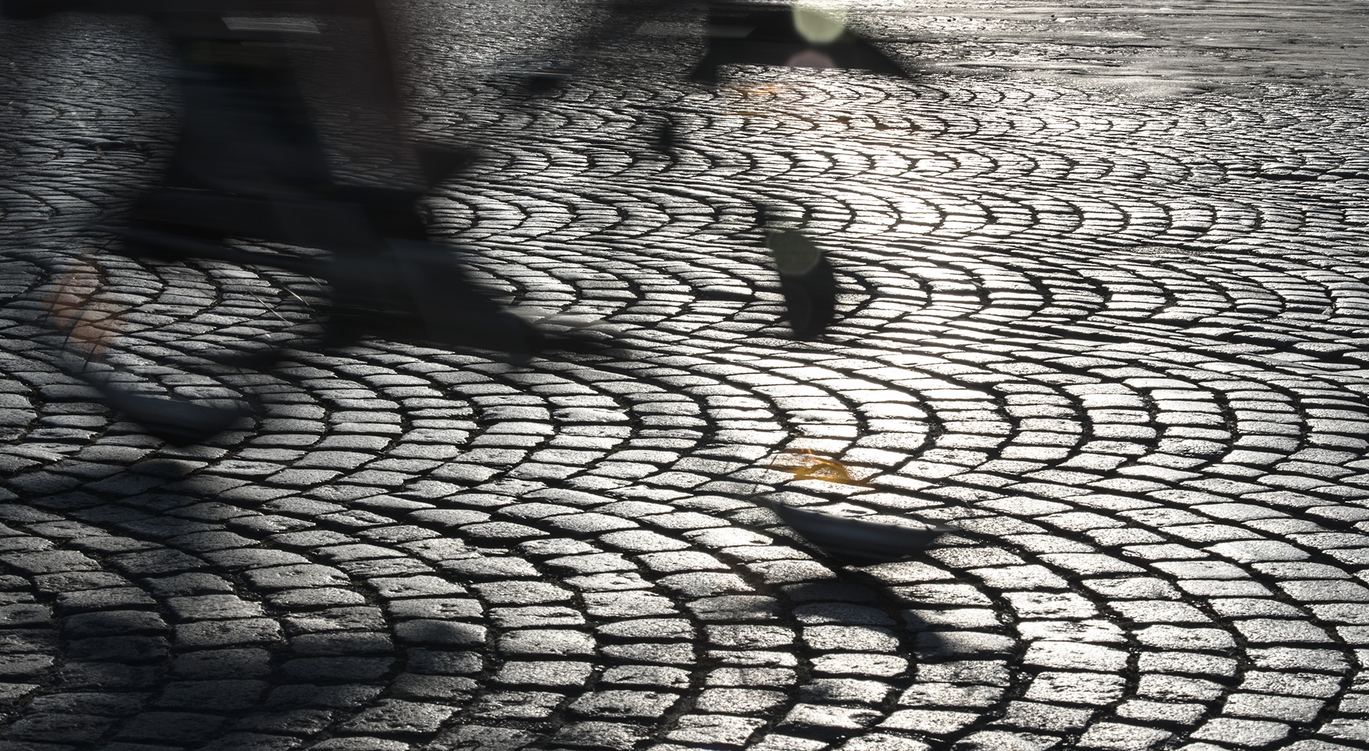 The bicycle is stealth, almost transparent, because of its high speed, on Parisian cobblestones.