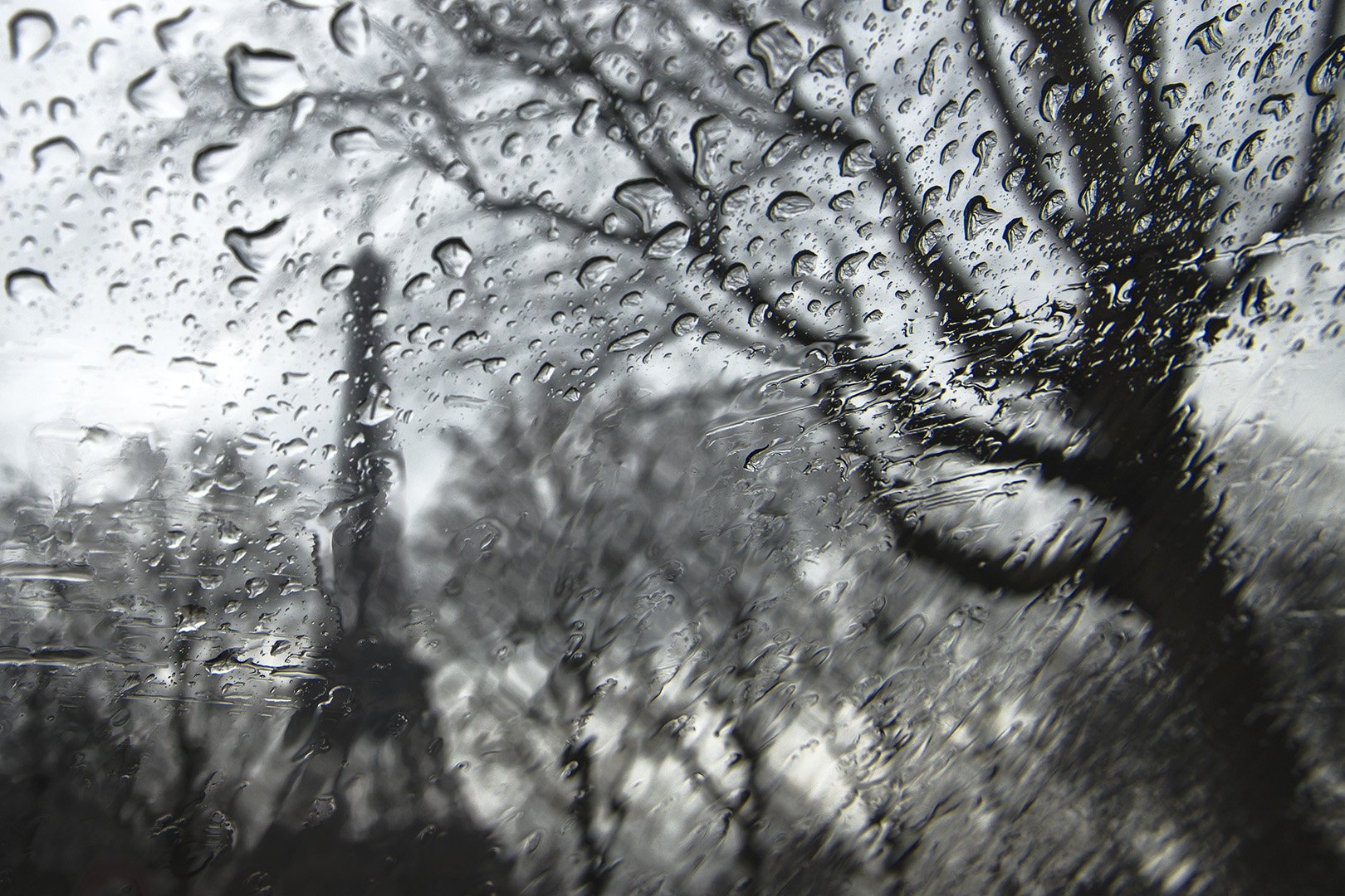 Giboulée, pluie et vent, sur la tour Eiffel debout et droite et sur les arbres d’hiver nus.
